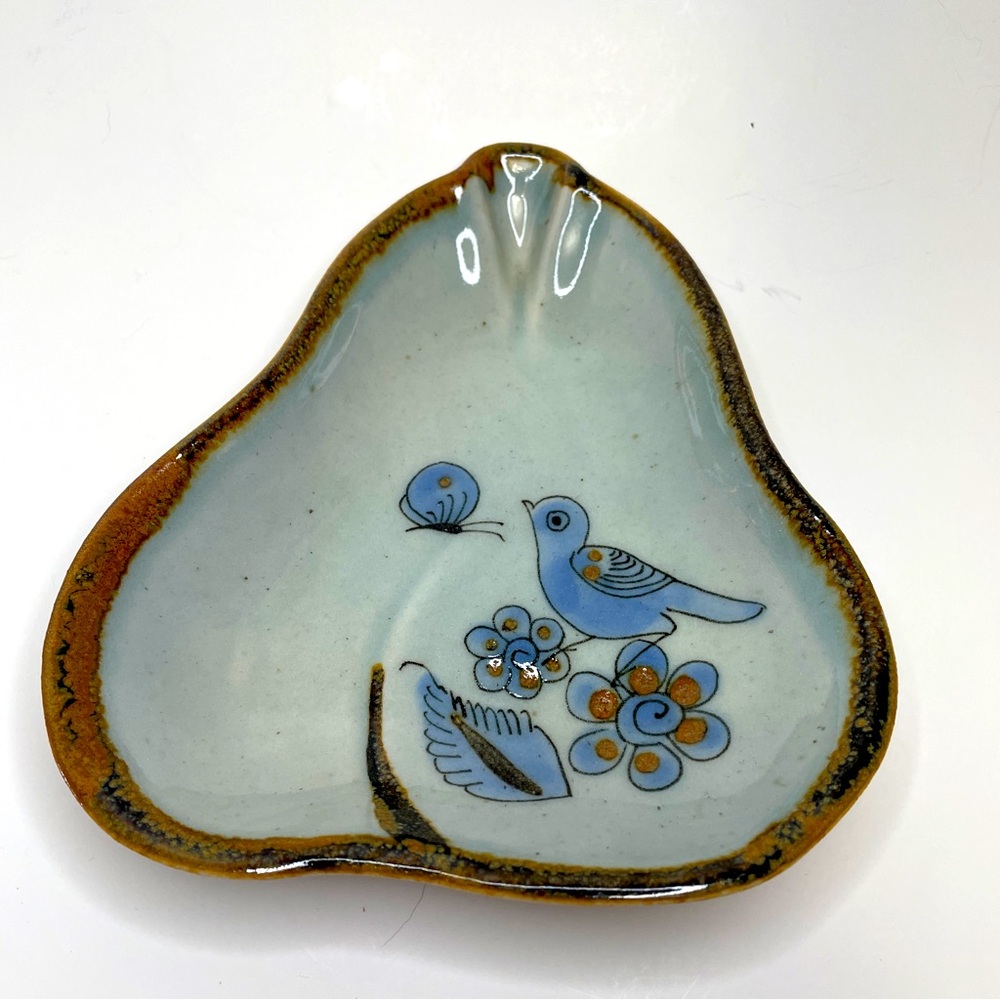 Vintage El Palomar Tonala Mexican Pottery Blue Bird Pear Shaped Stoneware Dish